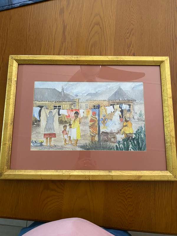 Original watercolour village life South Africa